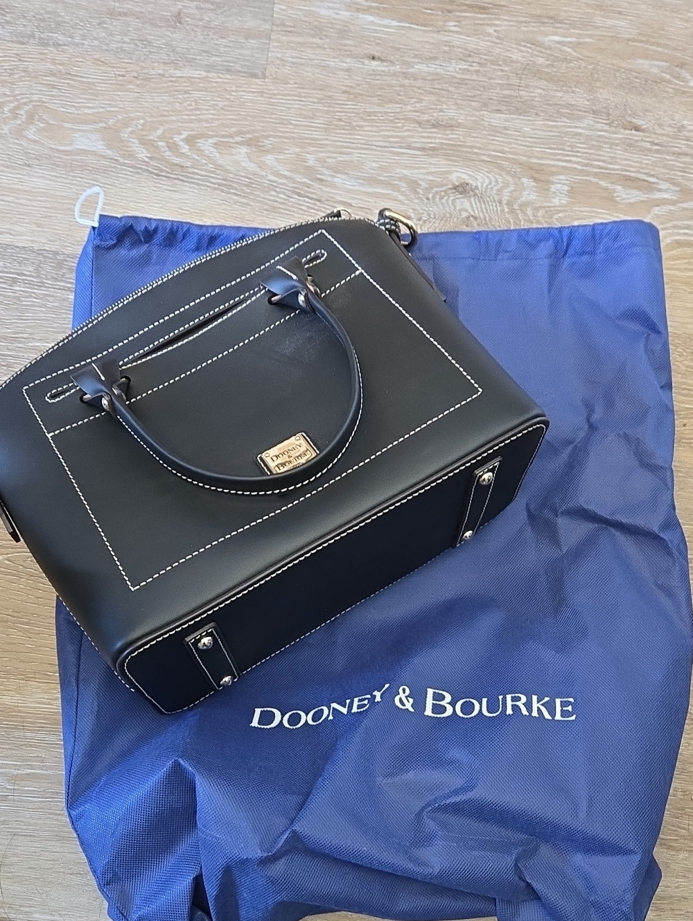 Dooney & Bourke Black Leather Beacon Domed Satchel with White Stitching